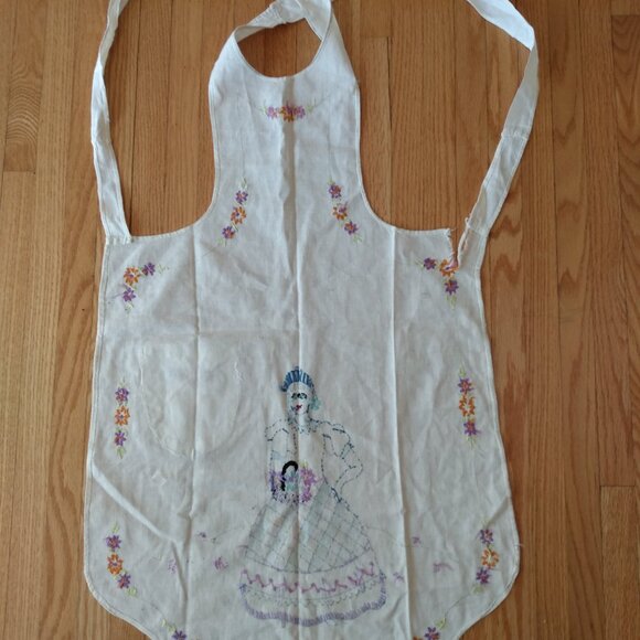 Vintage Full Apron Pinafore Handmade Embroidered Lady Flowers AS IS Flaws Ripped - Picture 12 of 14